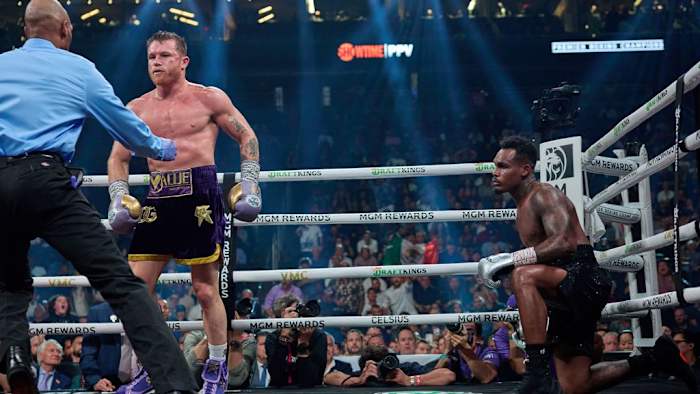 Canelo Alvarez floors Jermell Charlo during the 7th round of their highly anticipated bout. in Las Vegas, Nevada on Oct 1, 2023. ESTHER LIN/SHOWTIME.